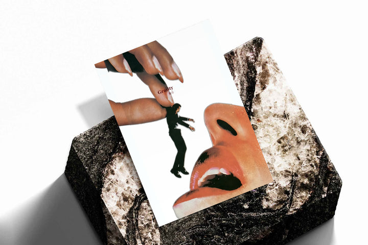 Surreal mouth collage poster with giant hand and miniature man, presented on textured black base