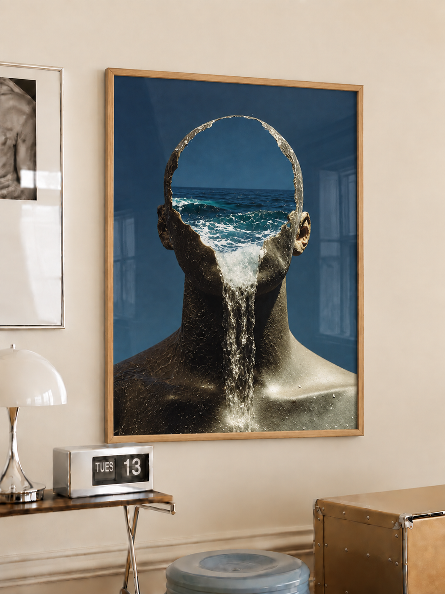 Surreal Ocean Head Waterfall Wall Art Poster styled interior mockup