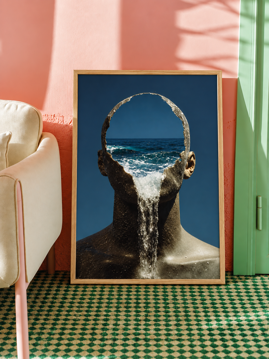 Surreal Ocean Head Waterfall Wall Art Poster framed home decor mockup