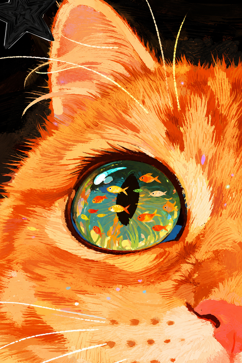 Close-up framed cat eye artwork, orange fur and colorful aquarium-style iris