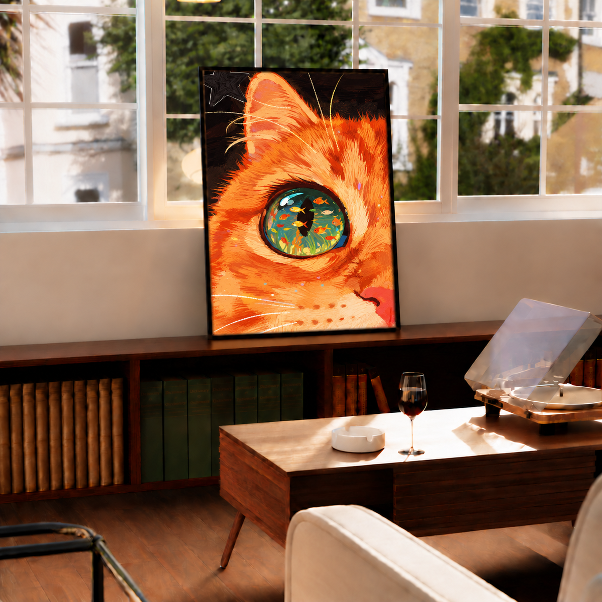 Framed poster of an orange cat with a colorful aquarium-style eye