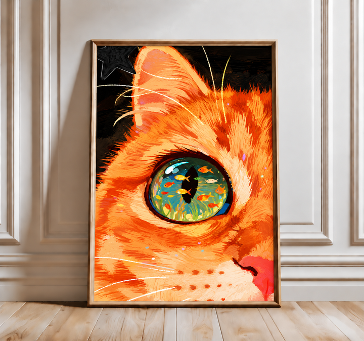 Cat eye transformed into fish aquarium wall art displayed in styled interior view 2