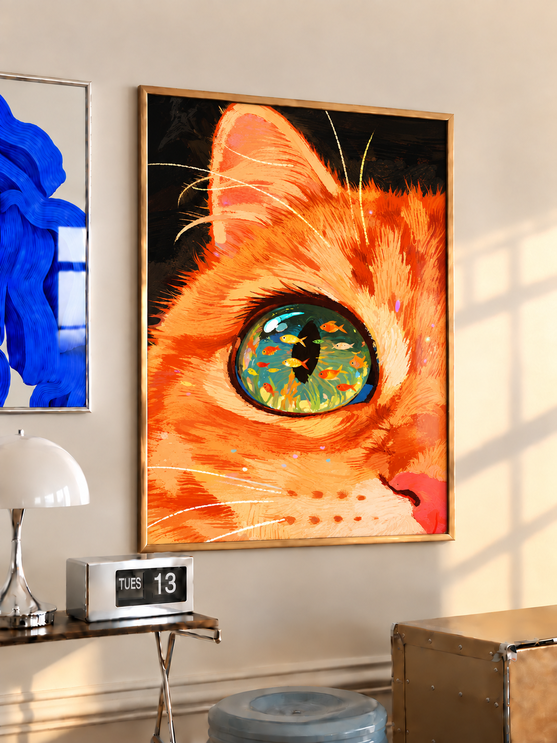 Cat eye transformed into fish aquarium wall art displayed in styled interior view 3