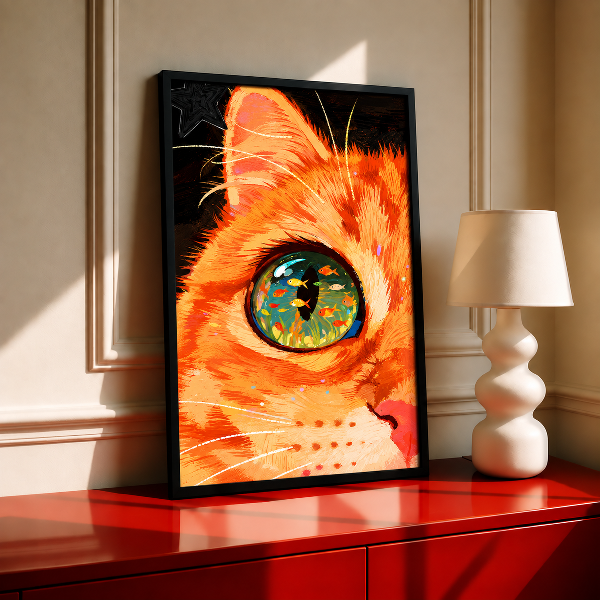 Cat eye transformed into fish aquarium wall art displayed in styled interior view 4