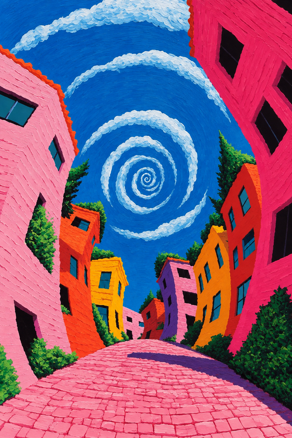 Saturated painted village street of narrow pink, orange and purple buildings beneath a deep-blue sky and white spiral cloud.