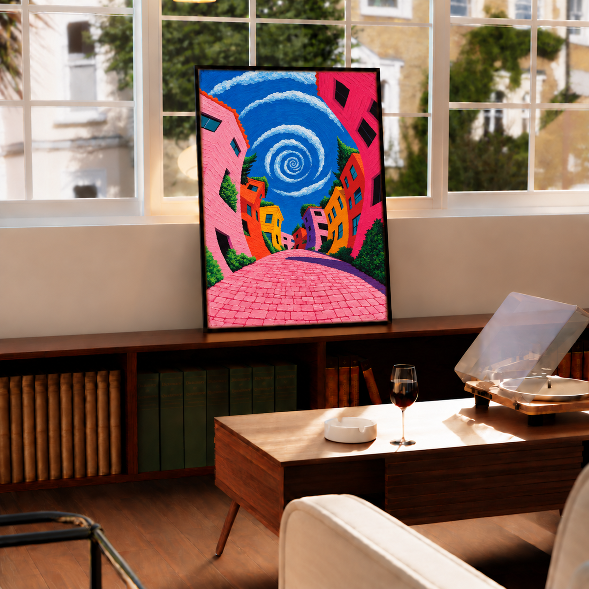 Colorful street wall art with blue spiral sky and red brick road, in black frame