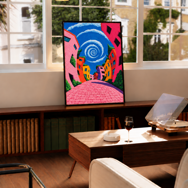 Black-framed colourful village street and spiral sky art on a wooden console in front of large windows.