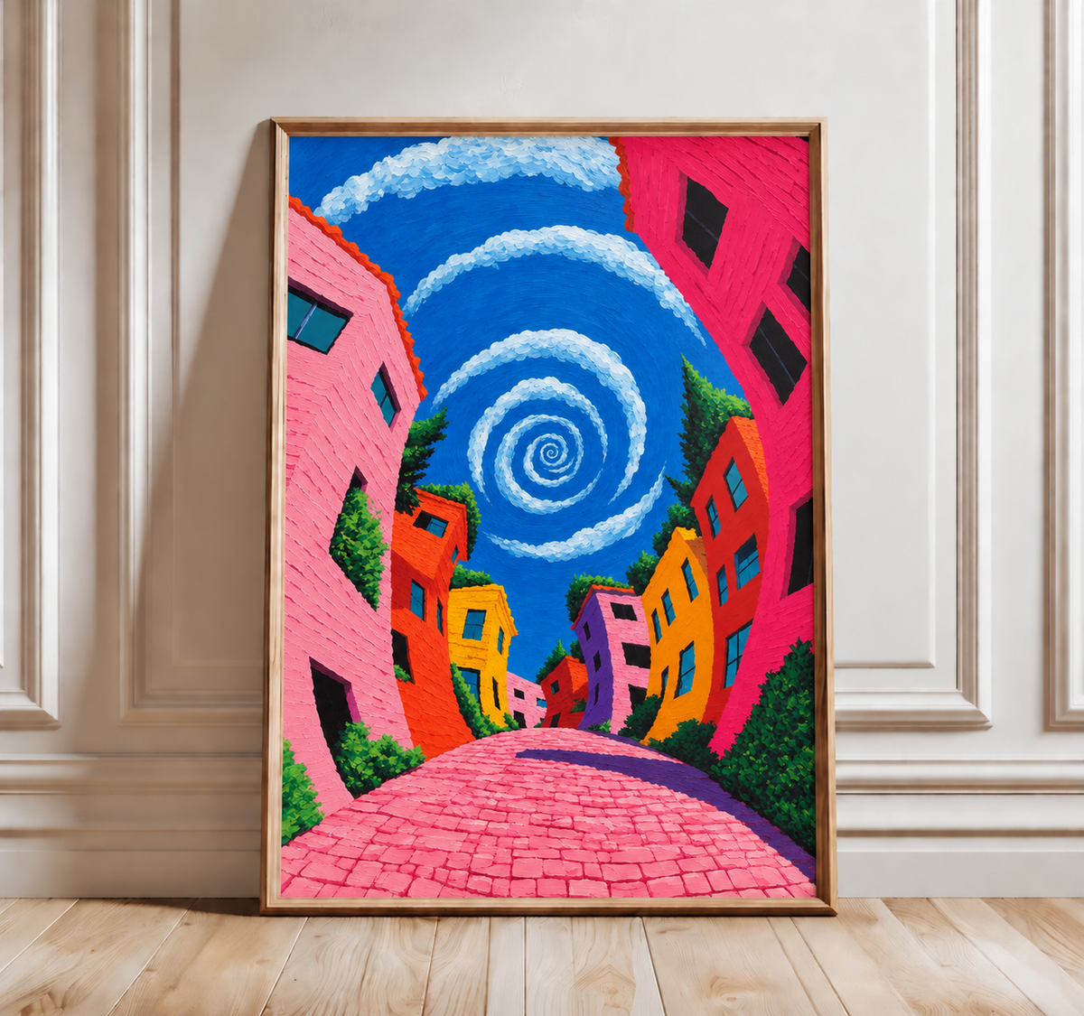 Colourful village lane and spiralling sky wall art displayed in styled interior view 2