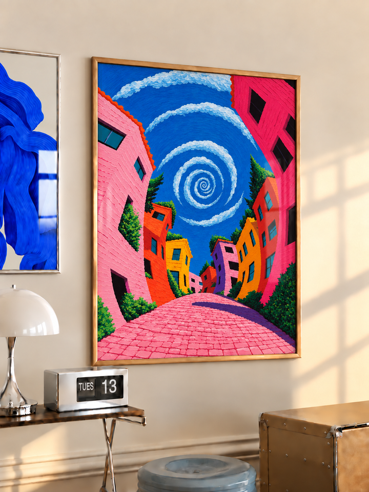 Colourful village lane and spiralling sky wall art displayed in styled interior view 3