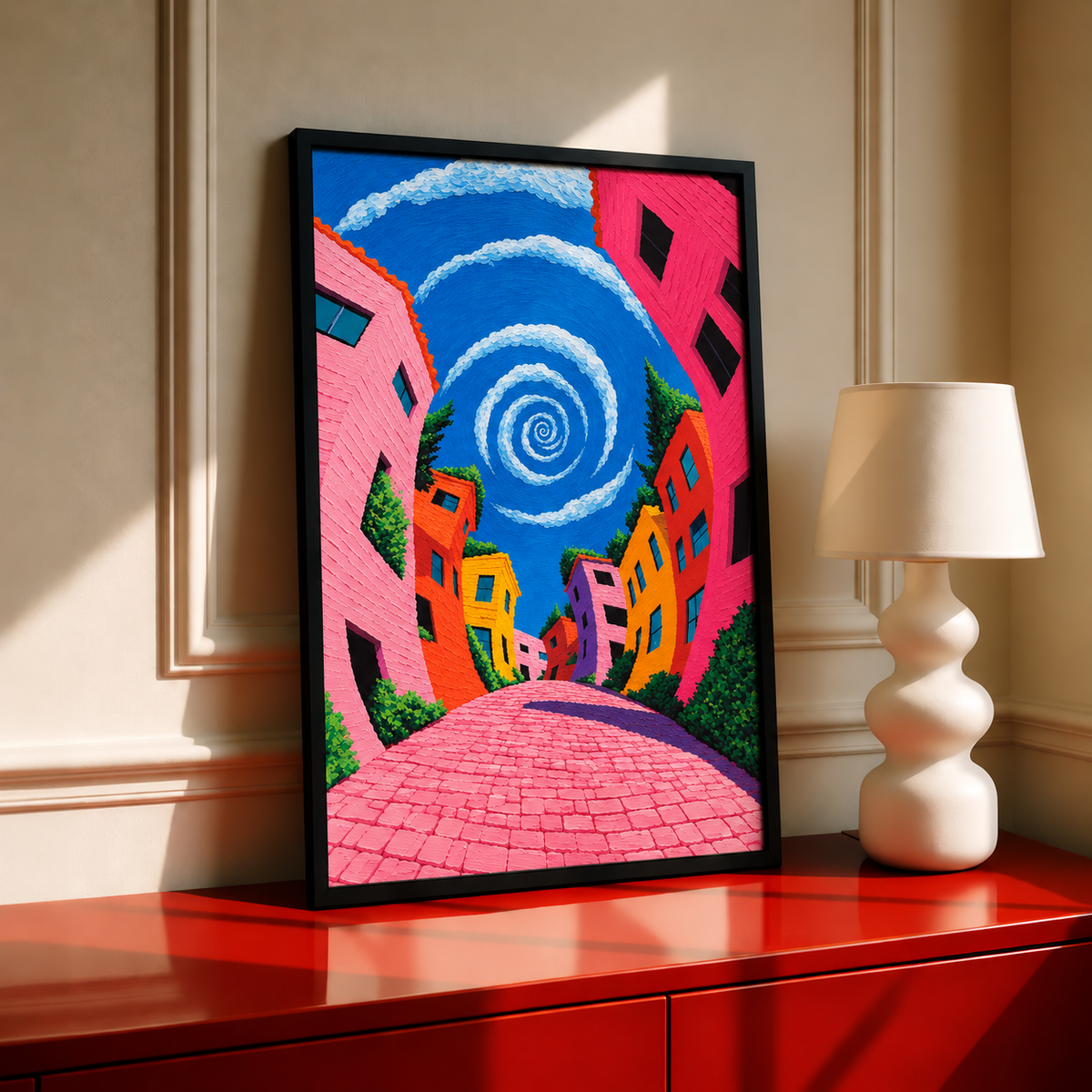 Colourful village lane and spiralling sky wall art displayed in styled interior view 4