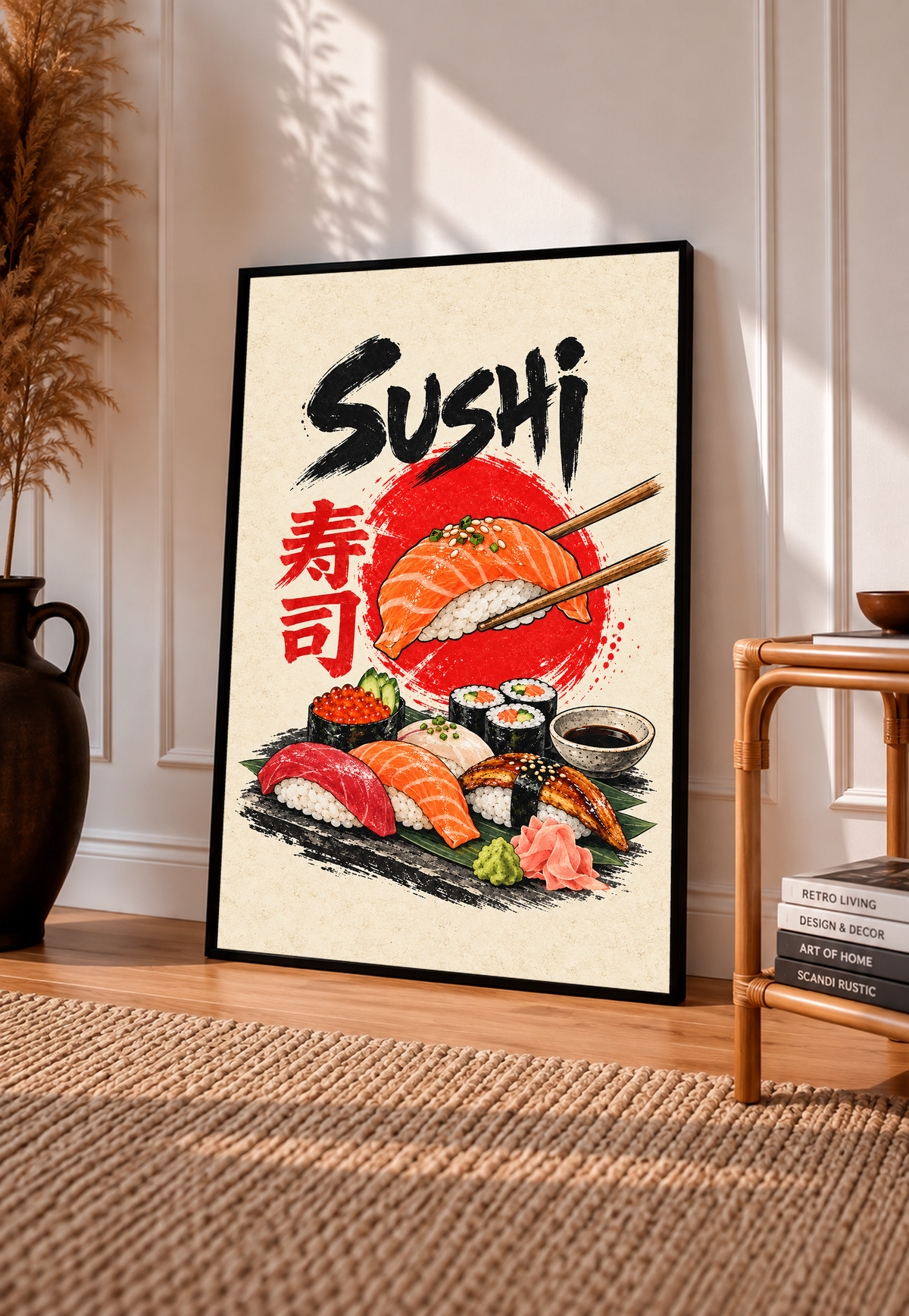 Sushi poster print with salmon nigiri, maki rolls, chopsticks, and black “Sushi” title