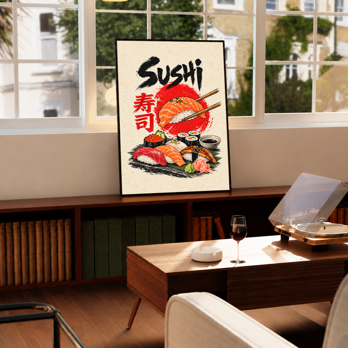 Sushi poster with red salmon nigiri, maki rolls, chopsticks, and bold black “Sushi” text