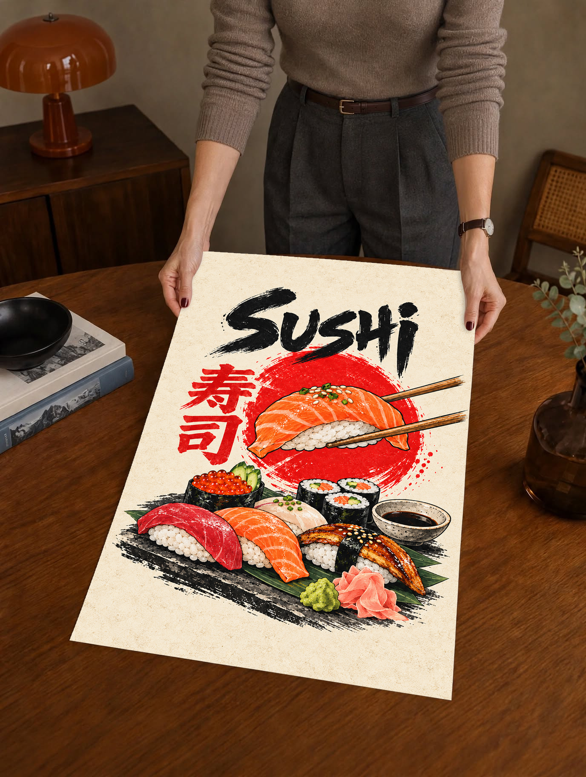 Sushi poster held by hands, showing red salmon nigiri, maki rolls, chopsticks, and “Sushi”