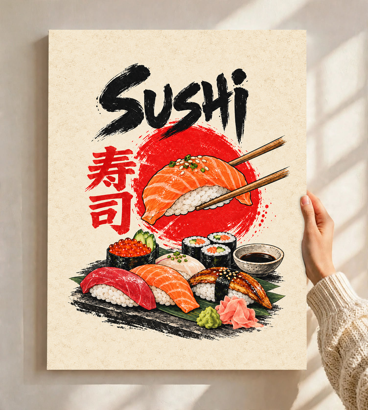 Sushi poster artwork with red salmon nigiri, maki rolls, and black-and-red “Sushi” text