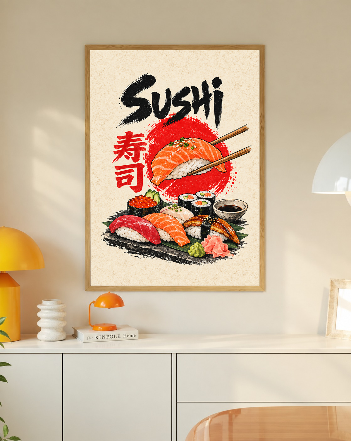 Sushi poster with salmon nigiri and maki rolls, black “Sushi” lettering in a tan wood frame