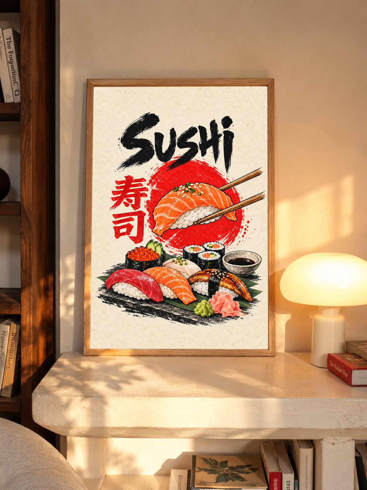 Sushi poster in wood frame with red salmon nigiri, maki rolls, and black “Sushi” lettering