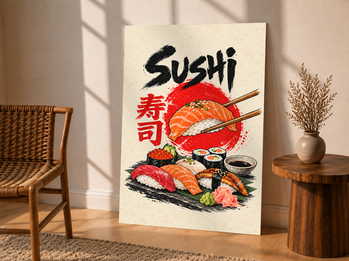 Sushi nigiri poster with salmon nigiri, maki rolls, and red sun design