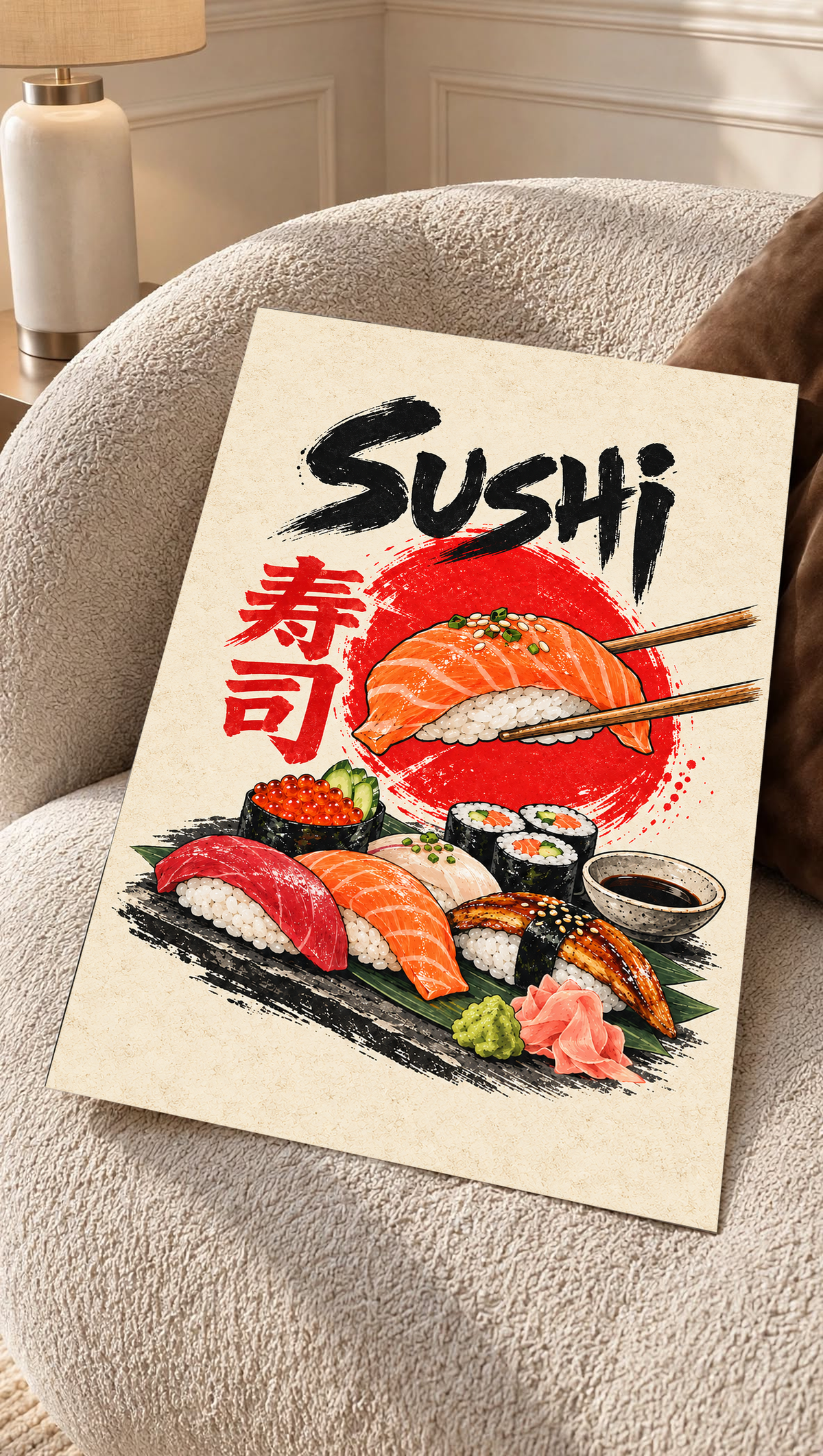Sushi poster with salmon nigiri and maki rolls, black “Sushi” text, leaning on a sofa