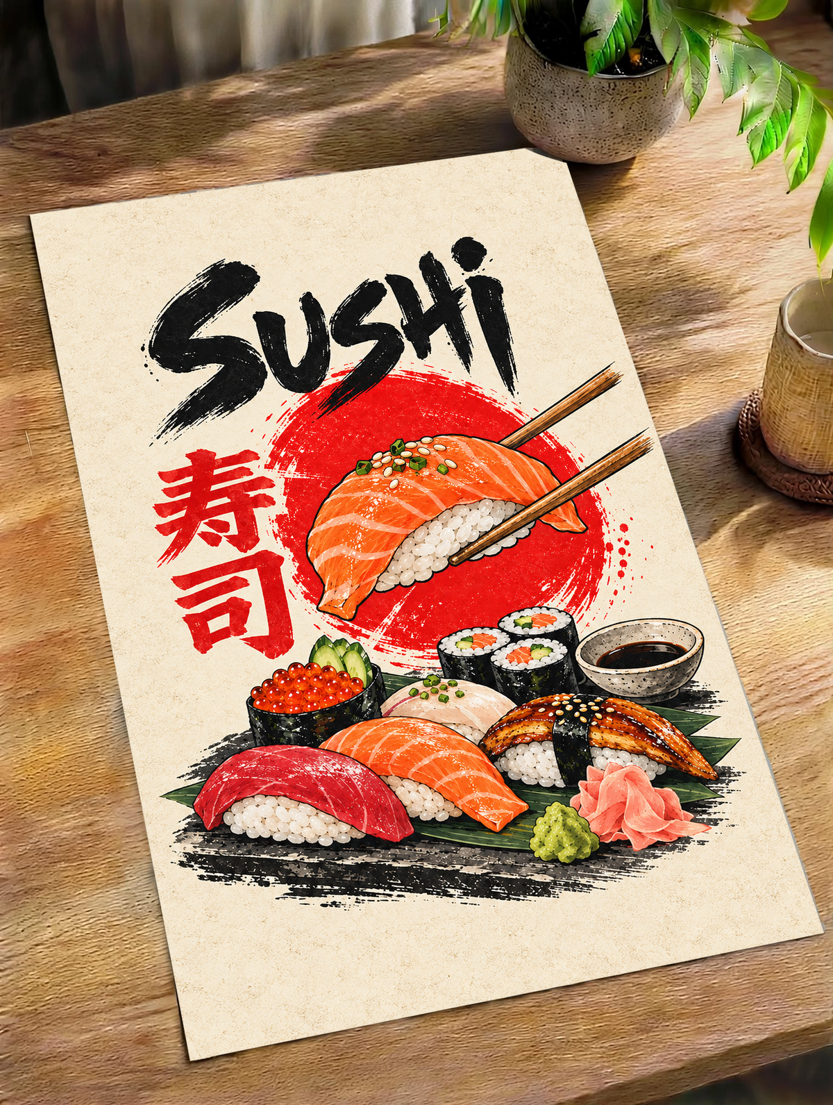 Sushi poster artwork on a table, featuring red salmon nigiri, maki rolls, and “Sushi” text