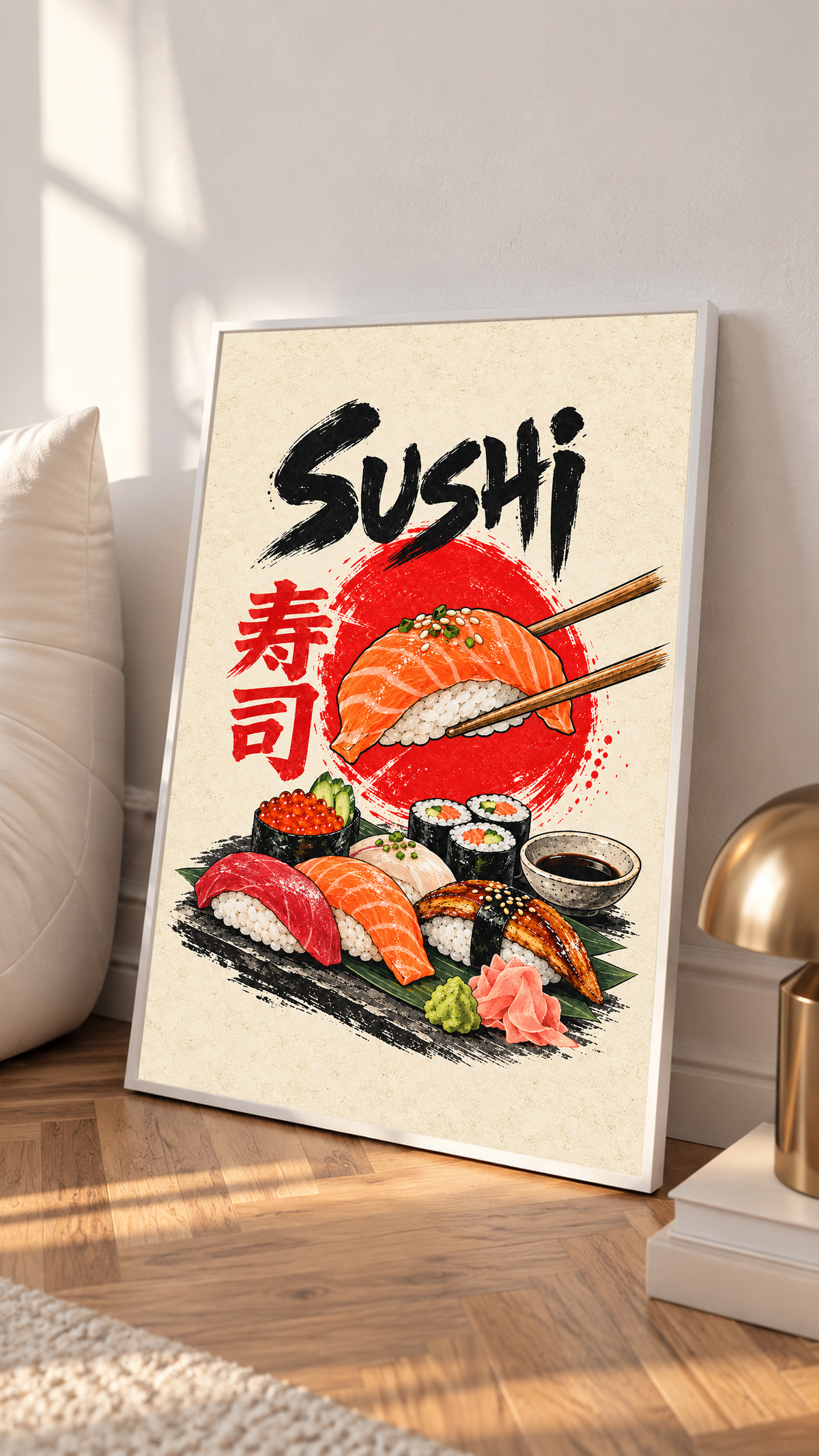 Sushi poster artwork with red salmon nigiri, maki rolls, and black “Sushi” text in a light frame