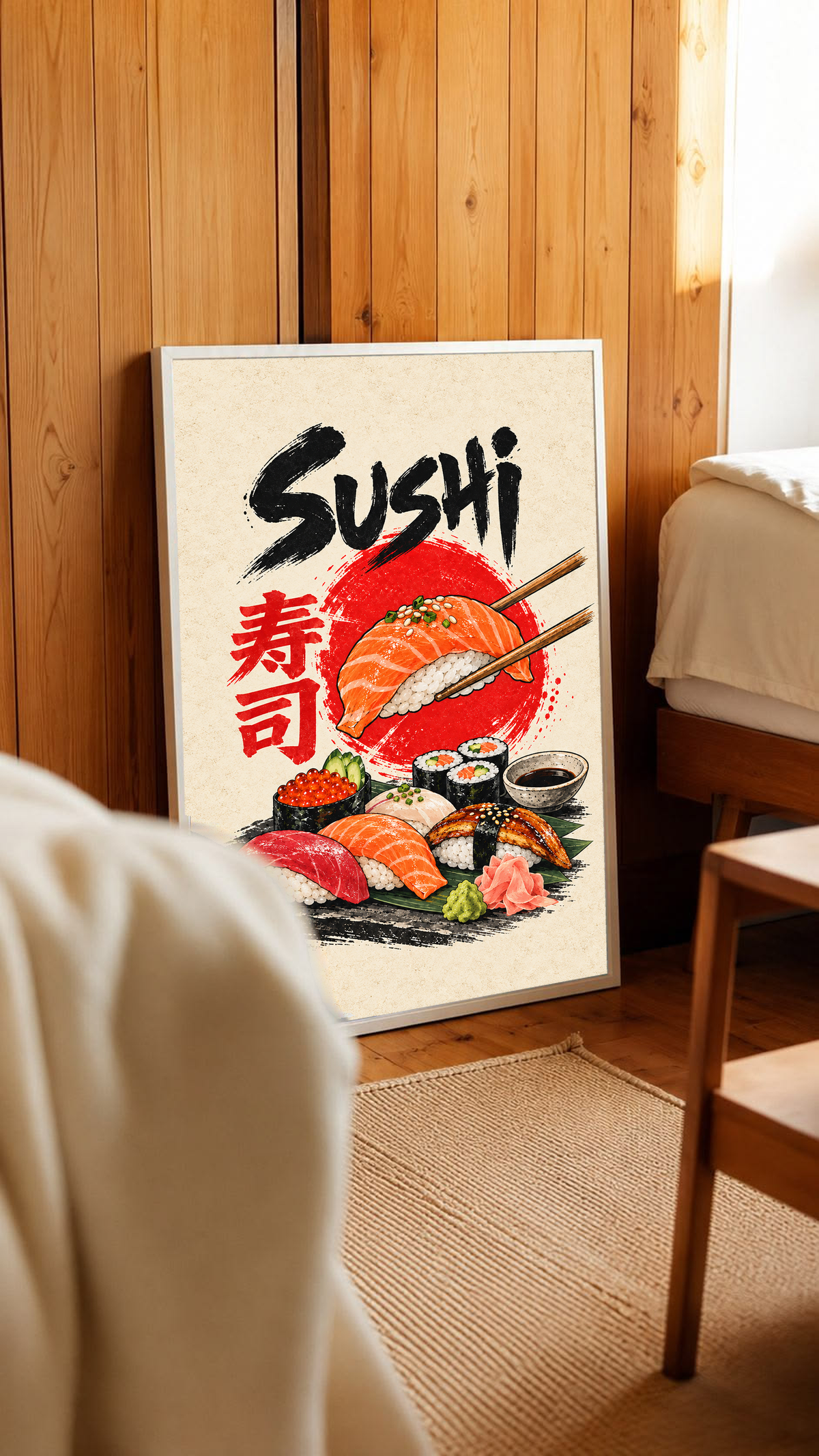 Sushi poster with red salmon nigiri and maki rolls, black “Sushi” lettering in a white frame