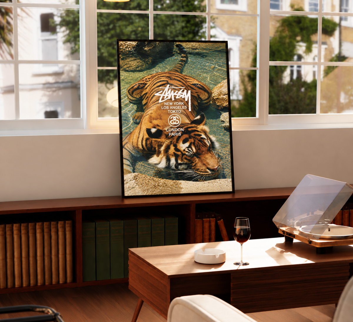 Black-framed swimming tiger print displayed on a wooden console in a sunlit room with large windows.