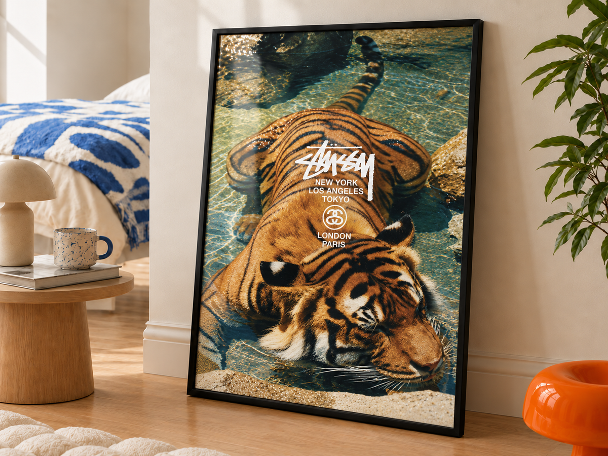 Swimming tiger in blue water wall art displayed in styled interior view 2