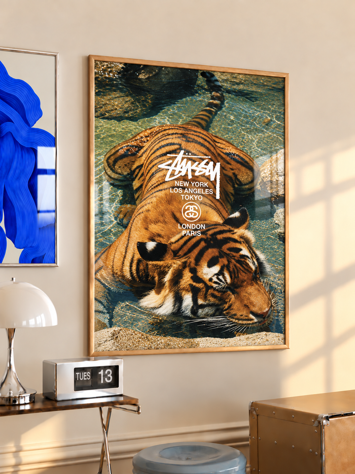 Swimming tiger in blue water wall art displayed in styled interior view 3