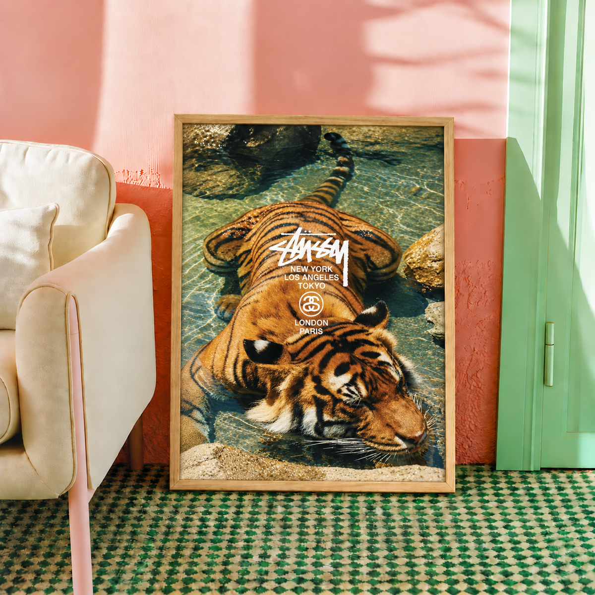 Swimming tiger in blue water wall art displayed in styled interior view 4