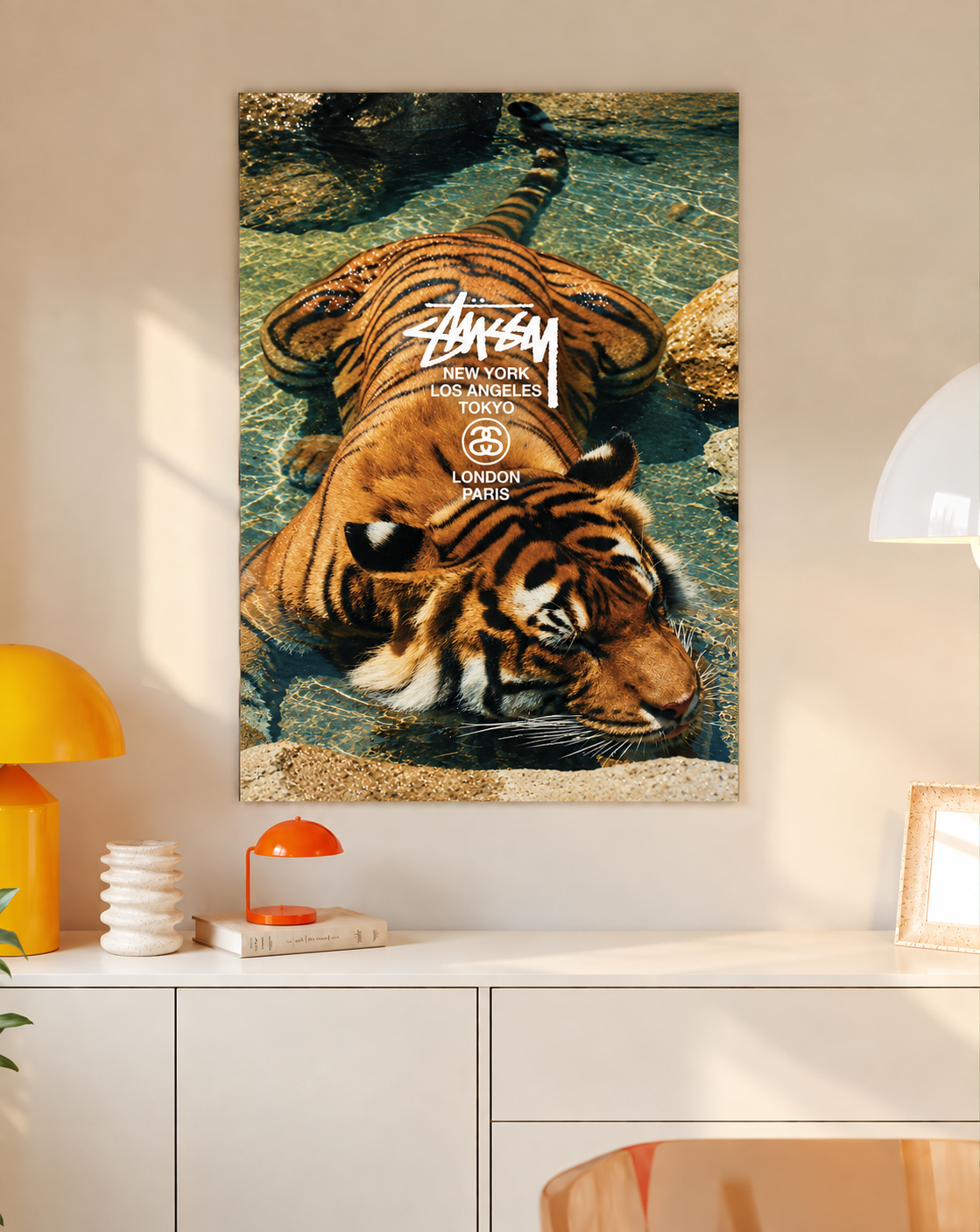 Swimming tiger in blue water wall art displayed in styled interior view 5