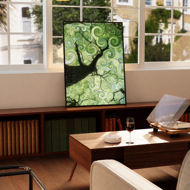 Swirling green tree canopy in a black frame on a windowsill above a green radiator, with a turntable nearby