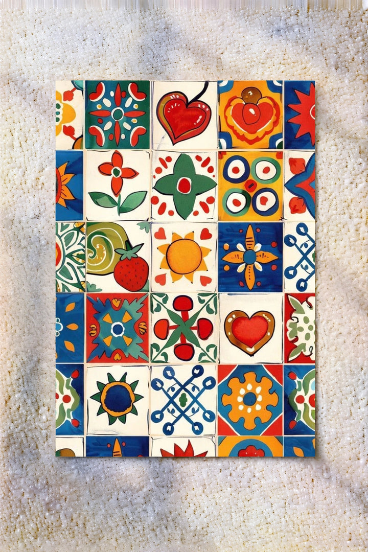 Mediterranean tile wall art with colorful patterned squares, hearts, flowers, and stars
