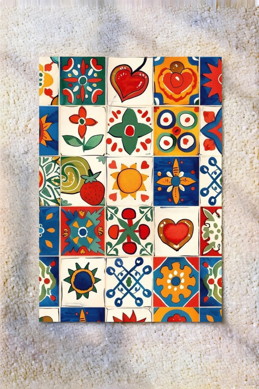 Mediterranean tile wall art with colorful patterned squares, hearts, flowers, and stars
