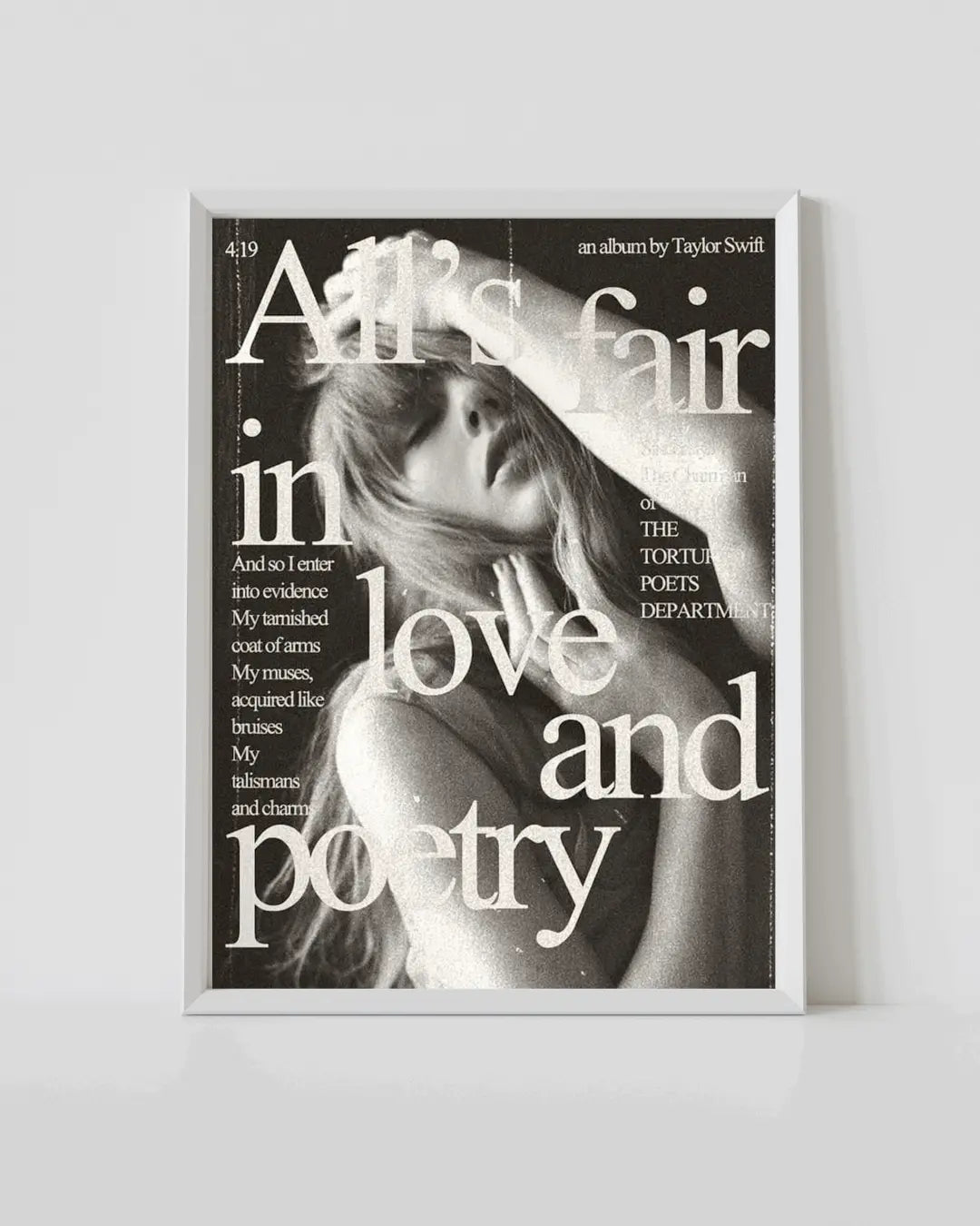 Framed wall art poster with monochrome portrait and large text reading “All’s fair love and poetry”
