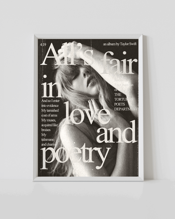 Framed wall art poster with monochrome portrait and large text reading “All’s fair love and poetry”