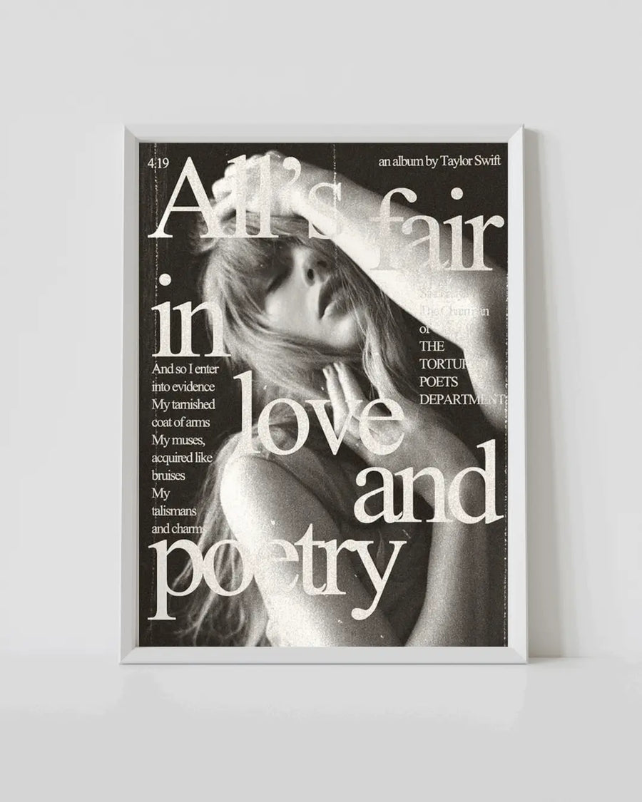 Framed wall art poster with monochrome portrait and large text reading “All’s fair love and poetry”