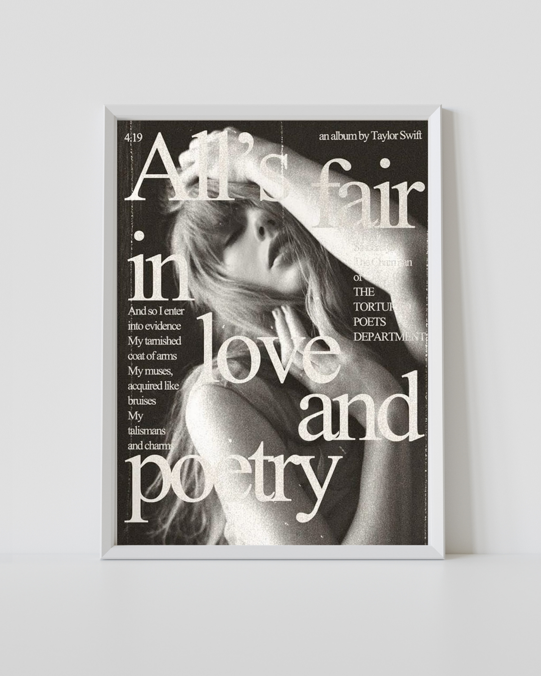  Taylor Swift All’s Fair in Love and Poetry black and white poster in a white frame