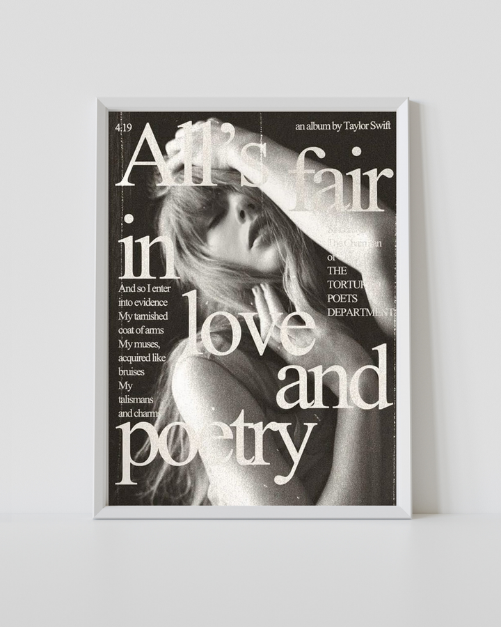  Taylor Swift All’s Fair in Love and Poetry black and white poster in a white frame