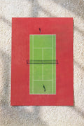 Tennis wall art poster with green court lines on red background and small player silhouettes