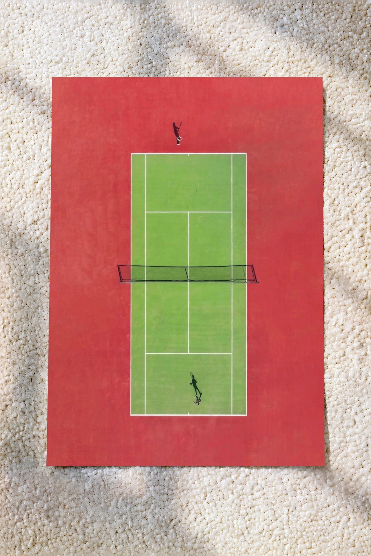 Tennis wall art poster with green court lines on red background and small player silhouettes