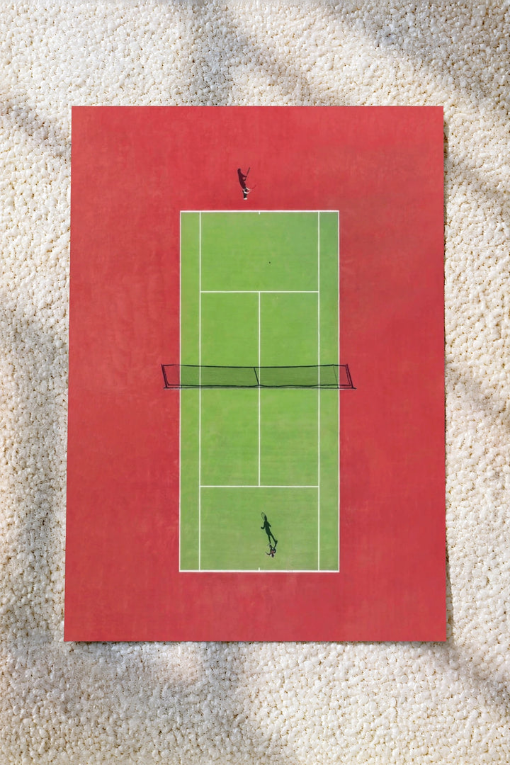 Tennis wall art poster with green court lines on red background and small player silhouettes