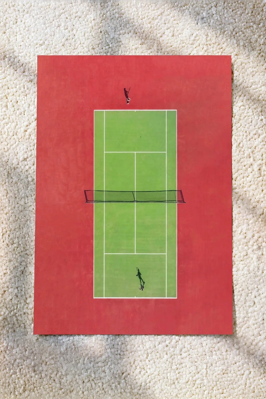 Tennis wall art poster with green court lines on red background and small player silhouettes