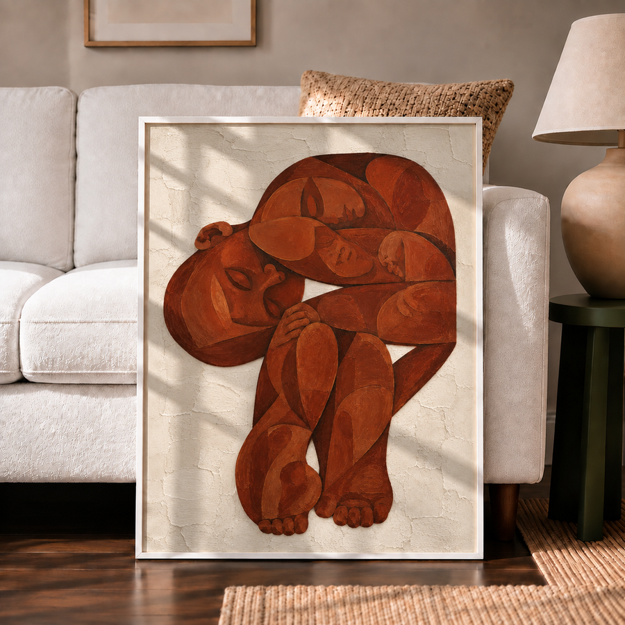 Terracotta abstract figure wall art displayed in a minimalist living room