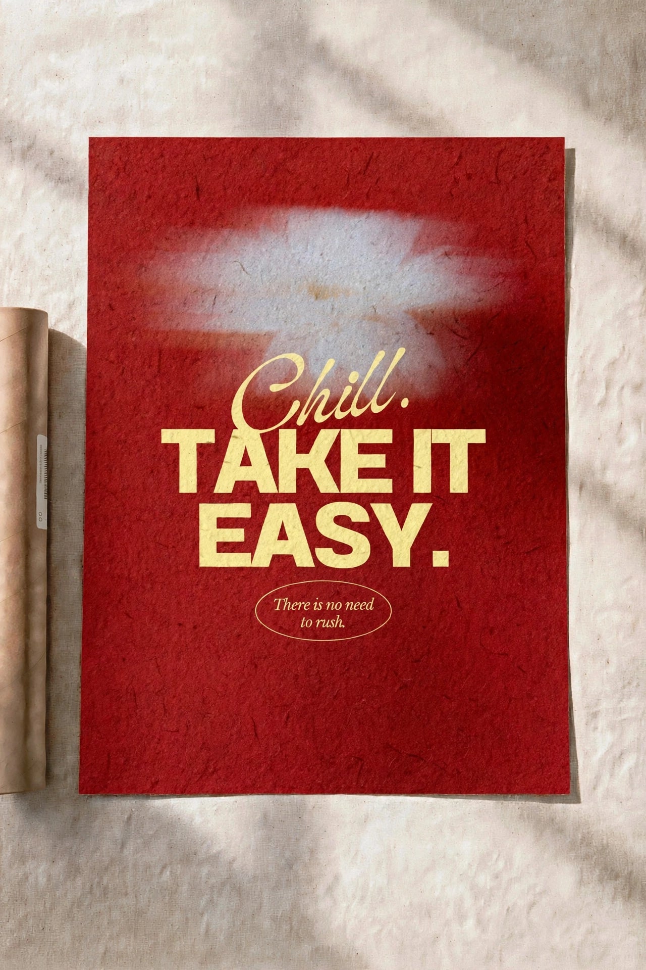 Take It Easy wall poster with red background and gold and cream motivational text