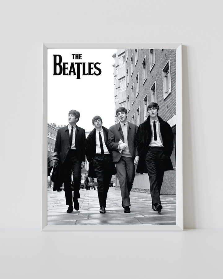 The Beatles black and white music legends poster in a white frame