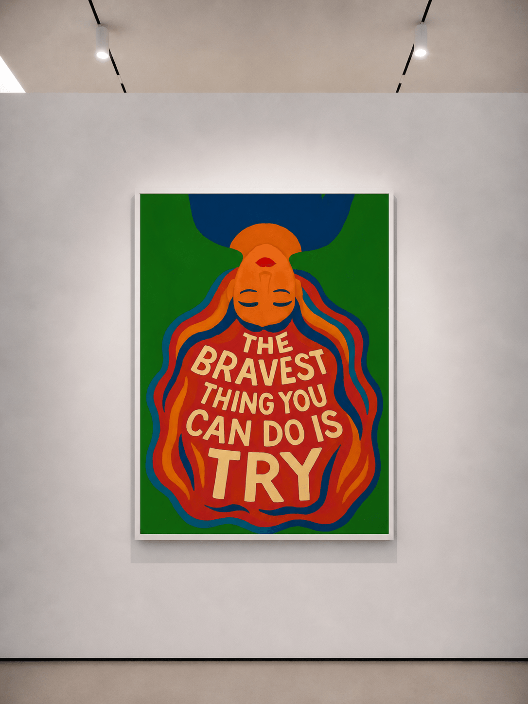 Impresión decorativa de pared con fondo verde, figura naranja y “LO MÁS VALIENTE QUE PUEDES HACER ES INTENTARLO”