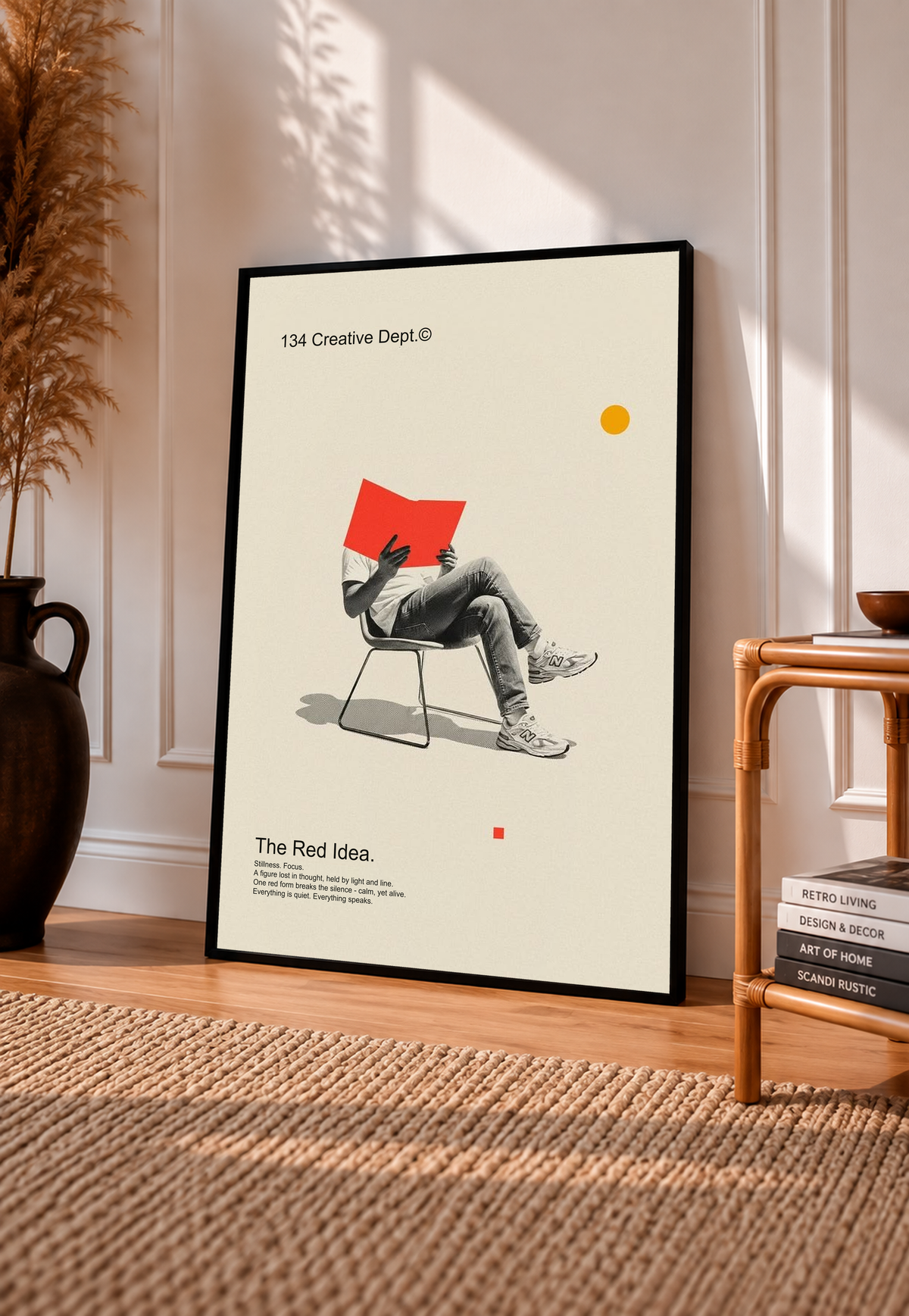 Framed collage poster with cream background, red chair scene, black frame