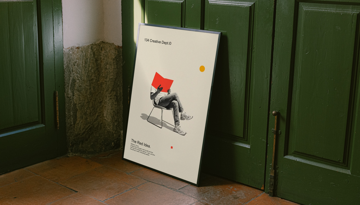 Framed collage poster with red chair figure on cream background, black frame