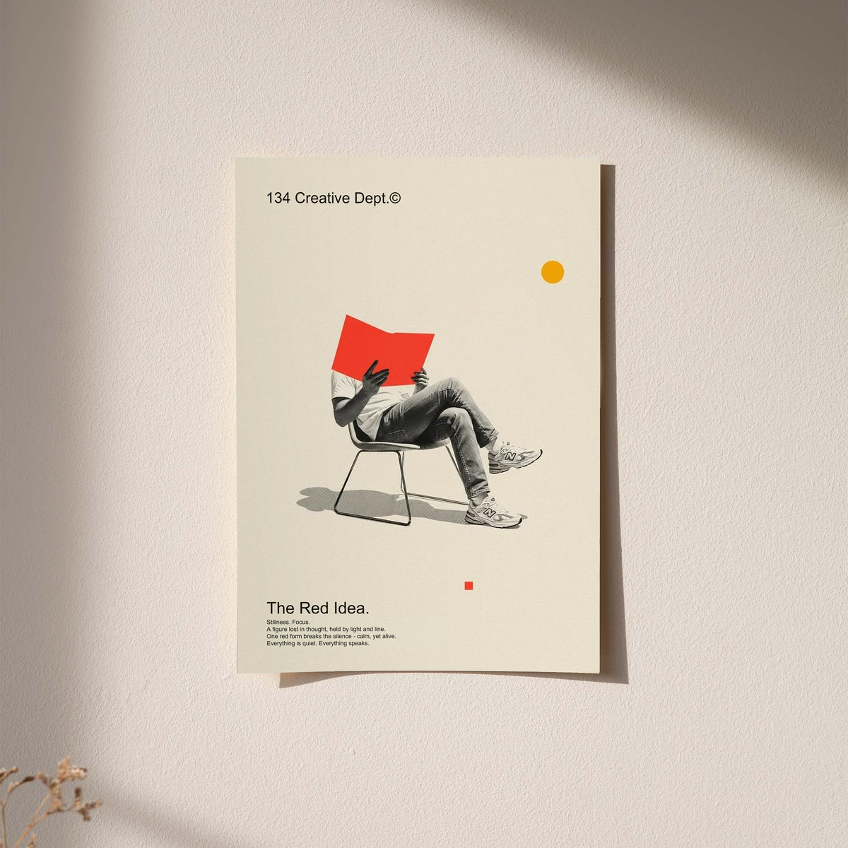 Collage poster on cream paper with red chair artwork and small red details
