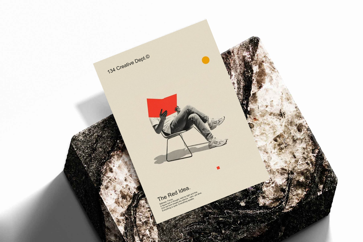Collage poster with cream background and red chair artwork, small red accent